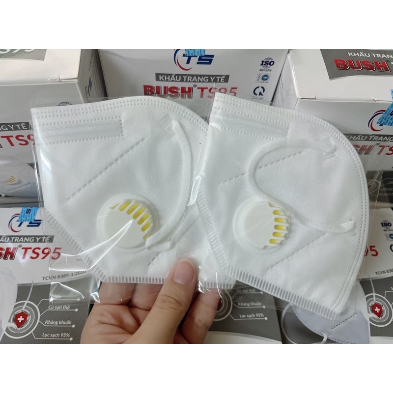 Khẩu trang y tế BUSH TS95 5 lớp có VAN THỞ (1 HỘP) kháng khuẩn ngăn bụi mịn ôm khít mặt và thoáng đẹp - MÀU TRẮNG