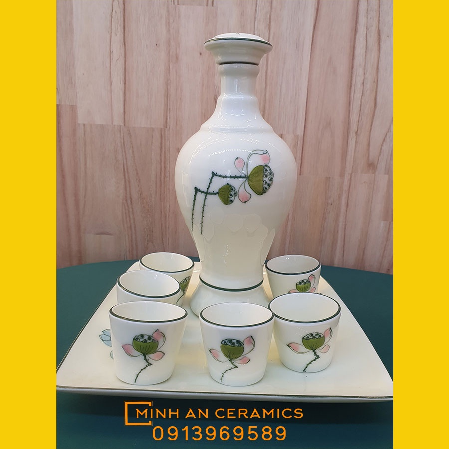 Bộ Bình rượu, chén rượu men kem gốm Minh An Bát Tràng hàng vẽ tay thủ công