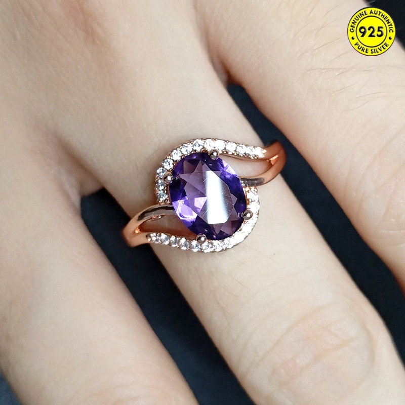 Nhẫn màu vàng hồng đính đá thạch anh tím có thể điều chỉnh kích cỡ