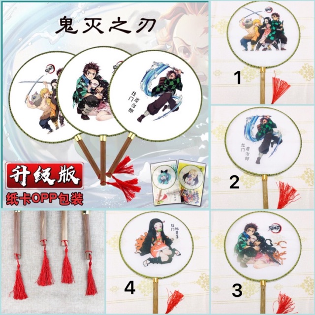 Quạt kimetsu no yaiba cán gỗ vải lụa phong cách Nhật bản