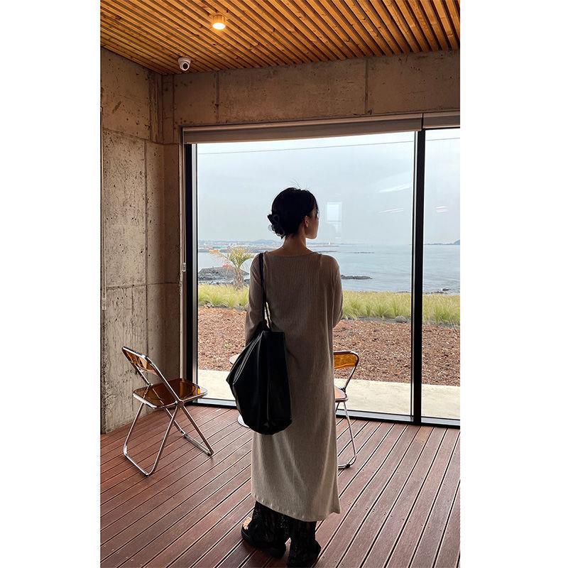 ☊Đầm dệt kim dài tay cài nút bên hông thiết kế mới thời trang xuân thu phong cách Hàn Quốc