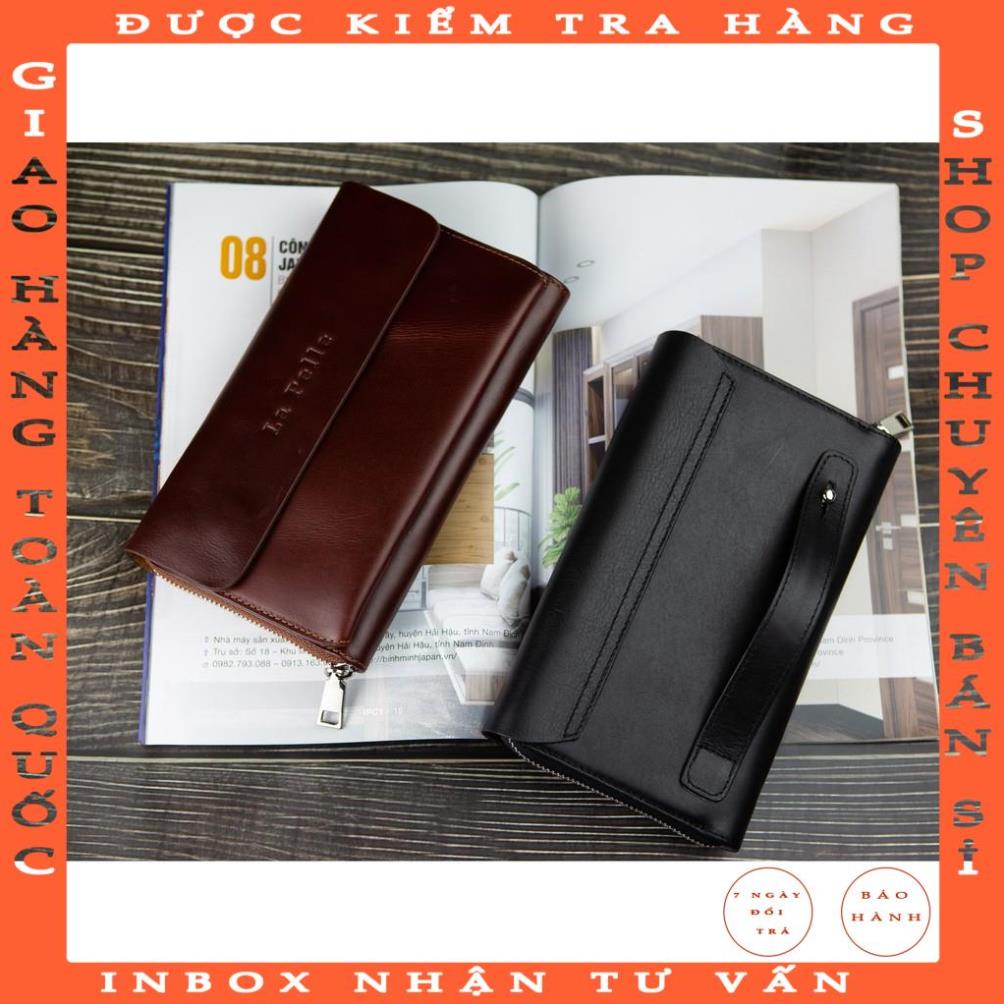 Ví dài ba gấp cầm tay (Clutch) da bò Pull up - Thiết kế bởi La Pelle - Màu đen / đỏ đô phiên bản 2020 zadang