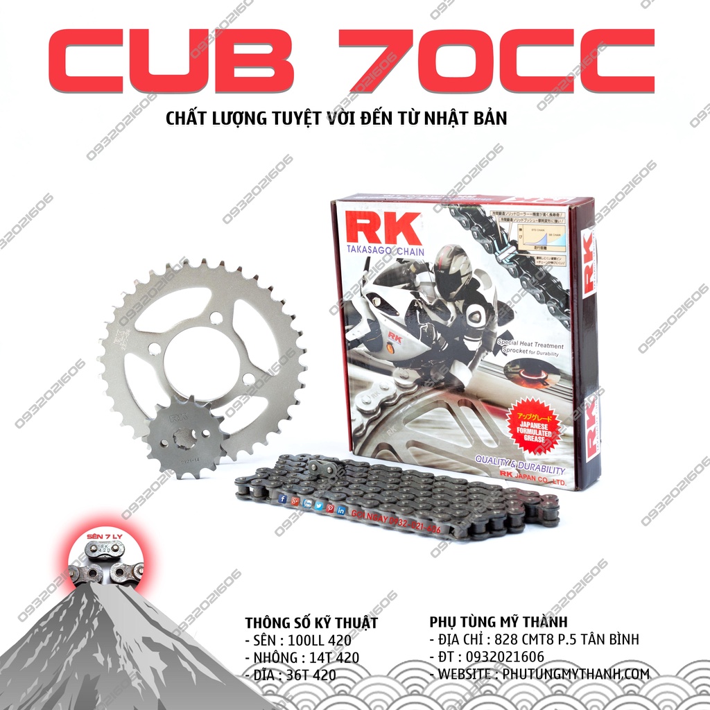 Nhông sên dĩa RK Takasago - Sên đen 420SB  chính hiệu