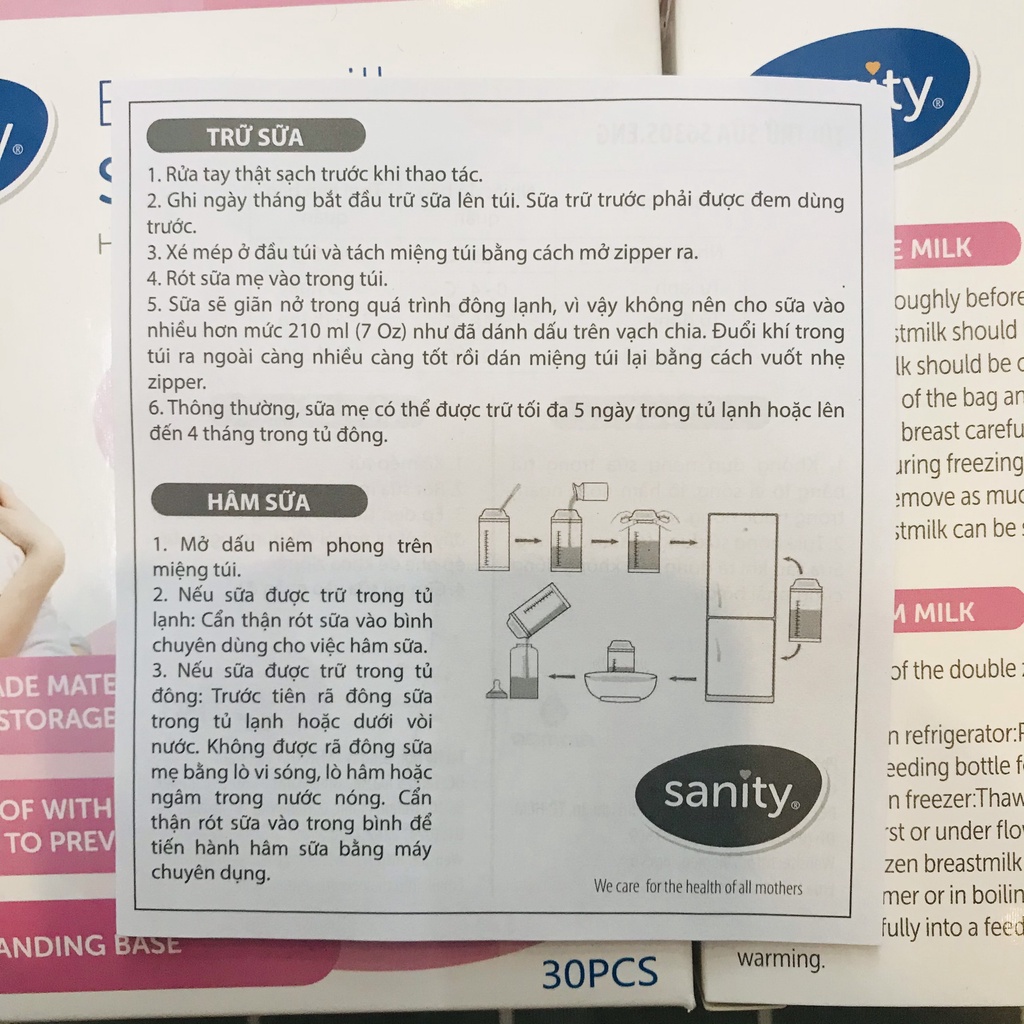 [Hộp 30pcs] Túi trữ sữa Sanity 210ml