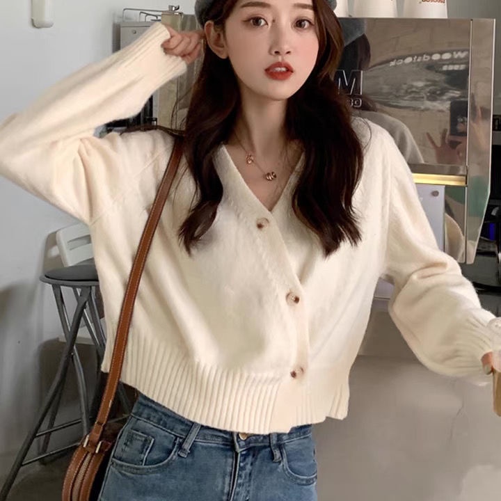 Áo khoác cardigan dệt kim màu trơn dáng rộng tay dài cài nút chéo thời trang phong cách Hàn Quốc cho nữ