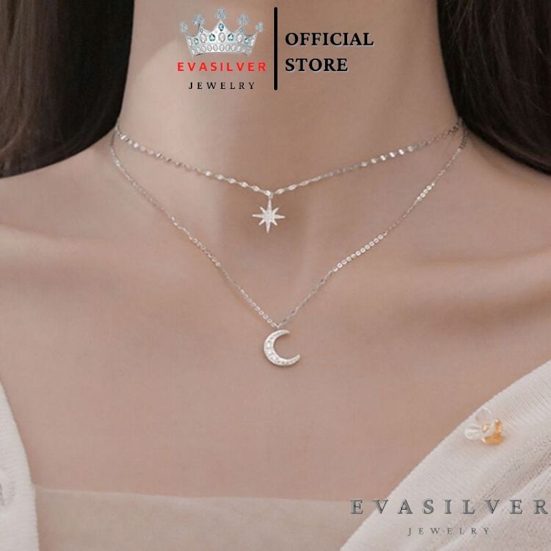 Dây chuyền bạc nữ Evasilver dạng sợi đôi mặt hình trăng và sao, Vòng cổ chuẩn bạc ta thiết kế tinh xảo