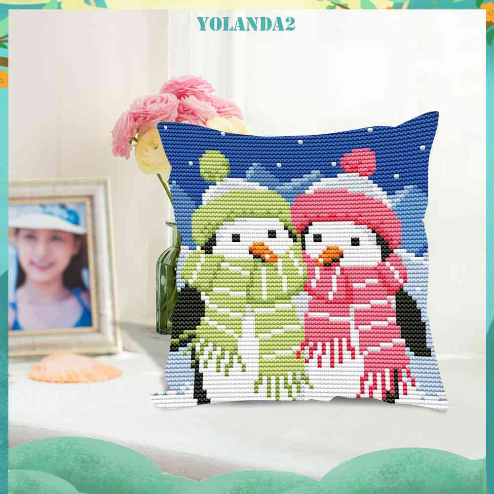 Vỏ Gối Thêu Chữ Thập DIY 11CT Hình Chim Cánh Cụt Xinh Xắn