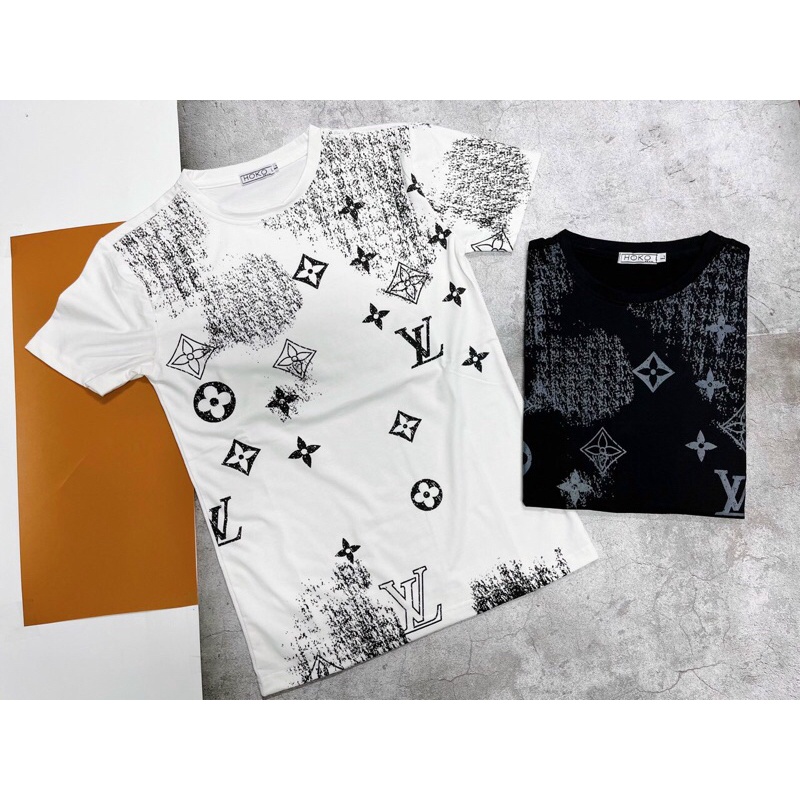 Áo thun cổ tròn tay ngắn in họa tiết chữ LV loang màu phong cách bụi bặm cá tính dành cho nam nữ hot trend 2022