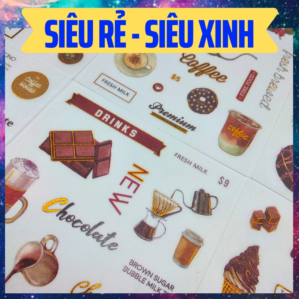 set 6 tấm sticker coffee and sweet time phong cách vintage siêu xinh - sticker dán trang trí planner sổ tay