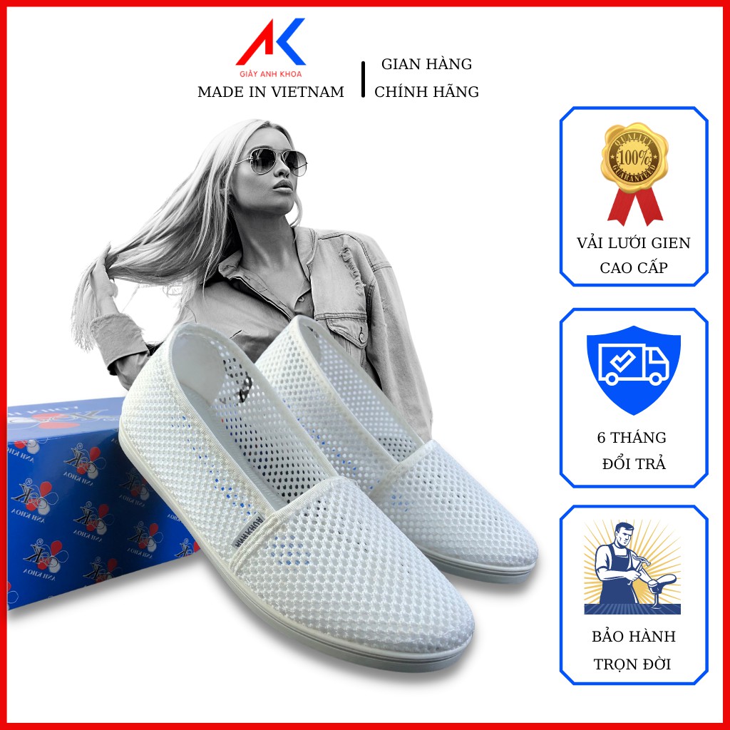 Giày đi bộ đi du lịch, slip on nữ xuất xịn Hàn Quốc, giày lười nữ vải dệt Cao Cấp siêu nhẹ đế bằng Anh Khoa Shoes 115D
