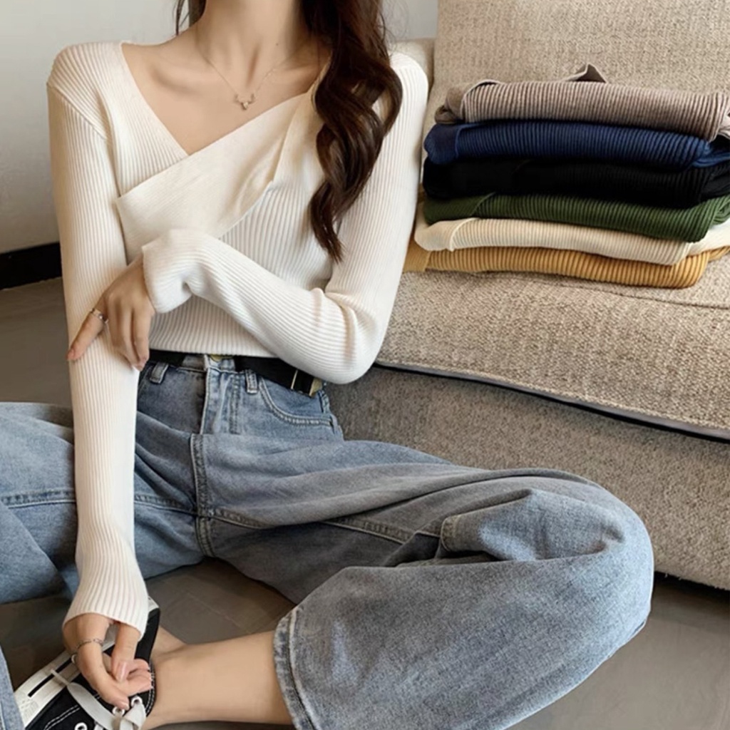 Áo len tăm dài tay cổ phối viền chéo cách điệu Ulzzang (hàng QC) - Ảnh thật