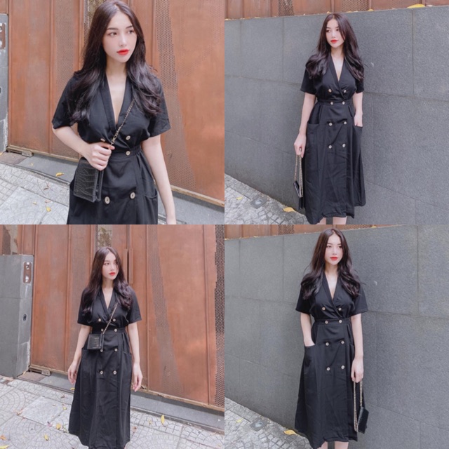 Đầm Đen Tilly Dress thiết kế đơn giản from suông chuẩn - váy dáng dài có túi cổ vest chữ V eo có bo chun co giãn | BigBuy360 - bigbuy360.vn