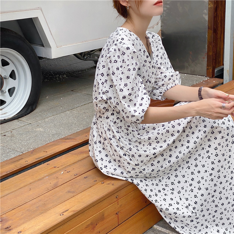 Đầm Maxi 35109 Cổ Chữ V Tay Phồng In Hoa Xinh Xắn Hợp Thời Trang