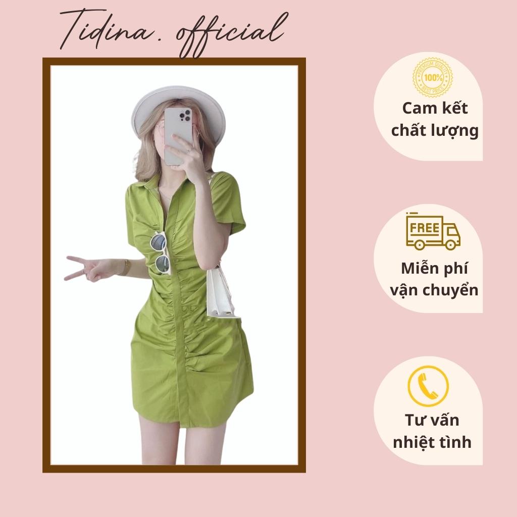 Váy Nữ Sơ Mi cổ tim nhún eo TIDINA đầm dự tiệc đi biển màu xanh bơ chuối hot ttrend sang chảnh sành điệu