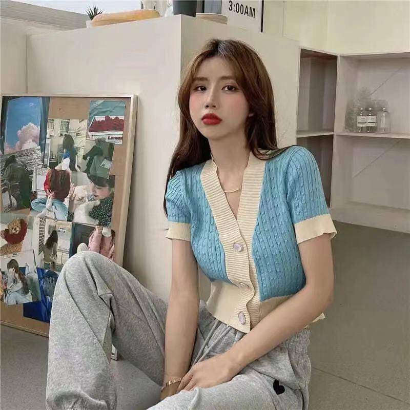 Áo Thun Dệt Kim Cổ Chữ v Tay Ngắn Dáng Rộng Thời Trang Mùa Hè Màu Sắc Tương Phản Phong Cách Hàn Quốc Dành Cho Nữ 2022
