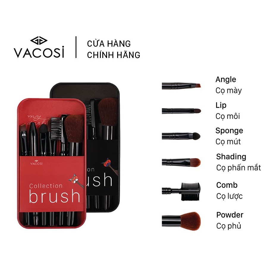 [Chính Hãng] Bộ cọ hộp sắt 6 cây Vacosi Collection Makeup House tặng dụng cụ vệ sinh cọ quả trứng Vacosi