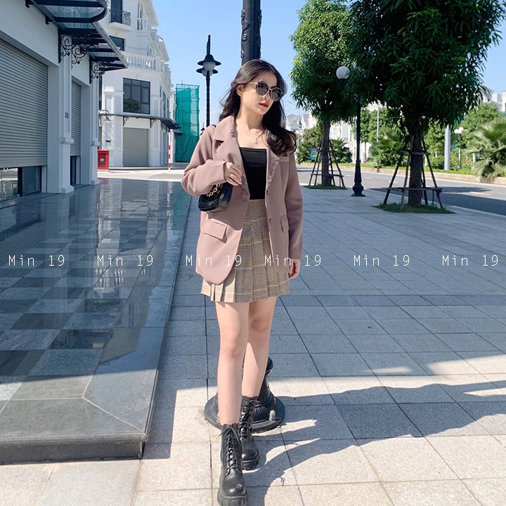 Áo vest nữ blazer công sở 2 lớp Hàn Quốc trơn dáng rộng tay dài túi nắp kiểu bigsize cá tính màu đen be nâu thời trang