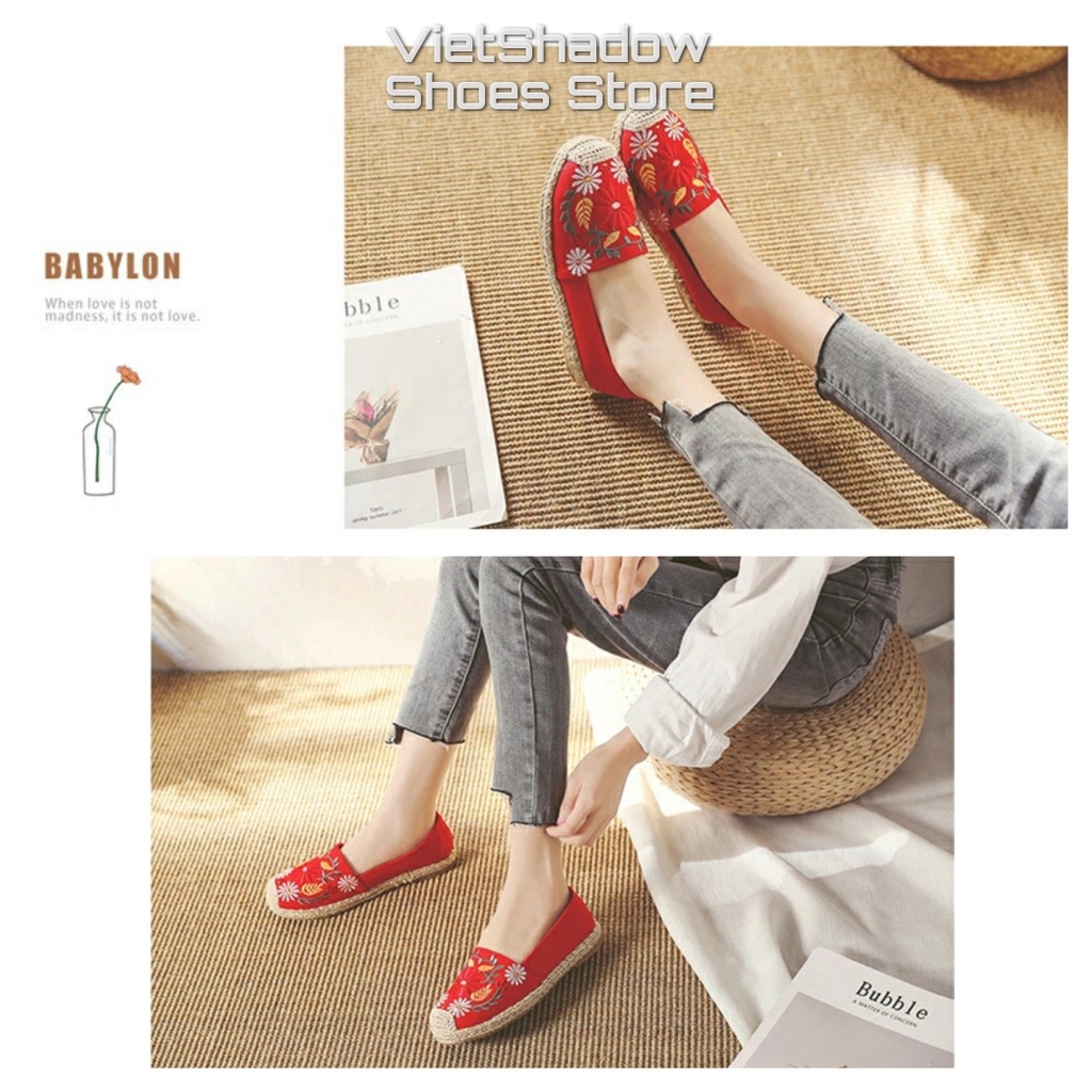 Slip on cói nữ - Giày lười vải thêu hoa lá - Chất liệu vải bố 4 màu be, đen, đỏ và khaki - Mã SP X-08