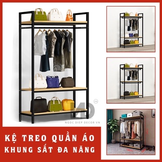 Kệ treo quần áo khung sắt sơn tĩnh điện chắc chắn, mặt kệ gỗ melamin chống nước lắp ráp dễ dàng khổ 1m-1,2m-1,5m sâu 40