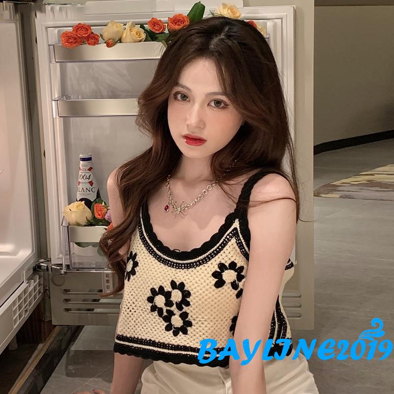 Áo dệt kim cổ tròn hở rốn thêu họa tiết thời trang quyến rũ cho nữ