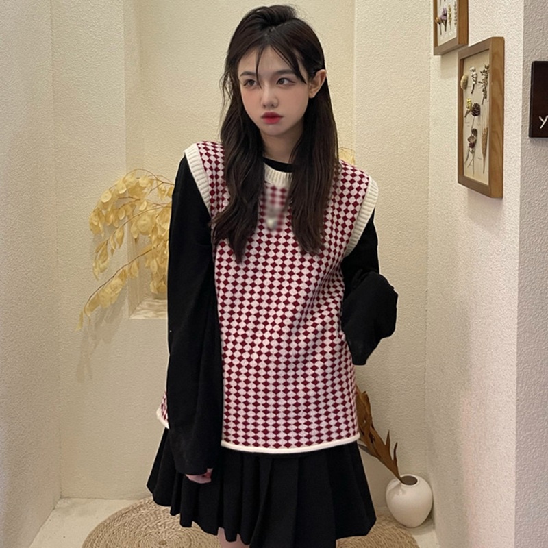 Áo Sweater Dệt Kim Sát Nách Cổ Tròn Dáng Rộng Phong Cách Preppy Dành Cho Nữ