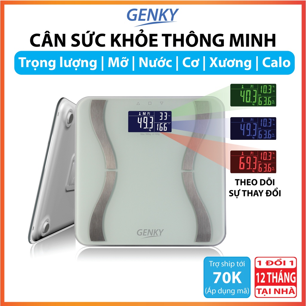 Cân sức khỏe điện tử thông minh Genky - phân tích cơ thể, theo dõi mỡ, cơ, nước, xương, calo