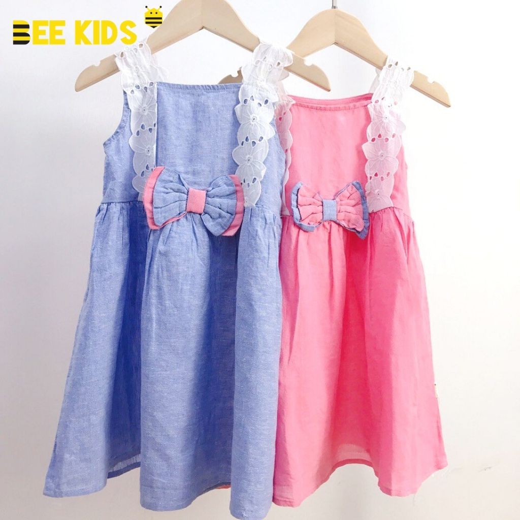 Váy bé gái hai dây dáng xoè mùa hè Bee Kids, Đầm bé gái phối nơ chất thô cotton mềm mịn (2-6 Tuổi) 1DC01673ST