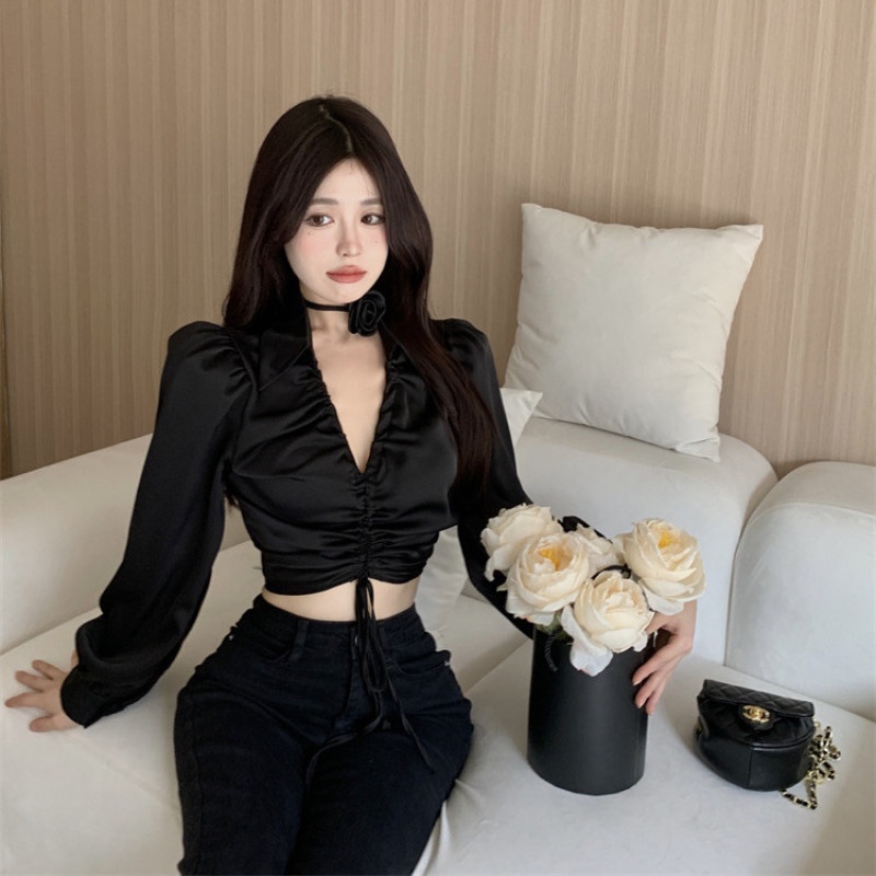 Áo Sơ Mi Chiffon Tay Dài Cổ V Phối Dây Rút Thời Trang Dành Cho Nữ