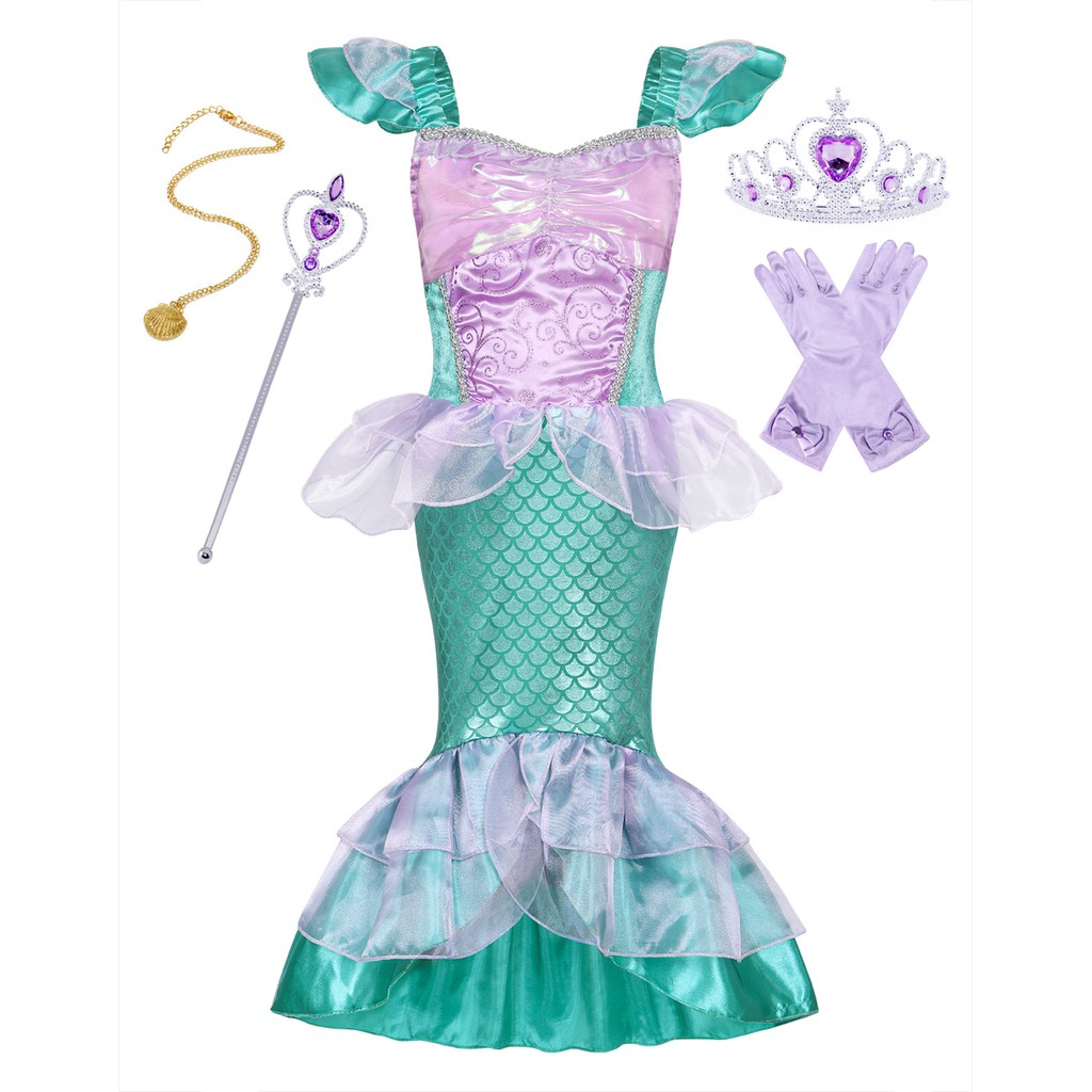 Bộ trang phục đầm công chúa nàng tiên cá bé gái kim sa sát nách cho tiệc sinh nhật cosplay Halloween