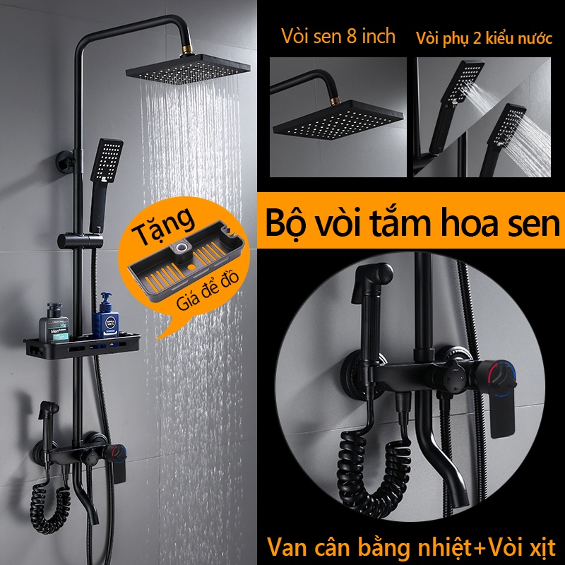 Bộ sen cây tắm đứng Châu Âu Van điều nhiệt điều khiển Cao cấp Thiết kế trang trọng bền kiểu nhà tắm châu âu - Màu đen