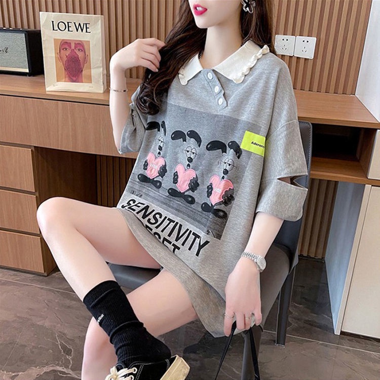 Áo polo Ngắn Tay Dáng Rộng Thêu Họa Tiết Hoạt Hình Thời Trang Mùa Hè Cho Nữ