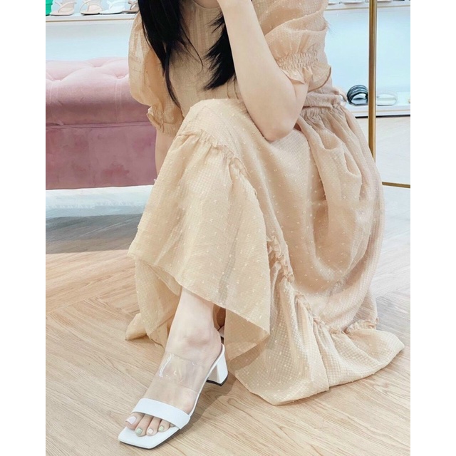 Guốc 5 phân nữ bản ngang gót vuông chất liệu xi mờ phối mika kiểu dang tiện lợi Annmodels_GHN10MK