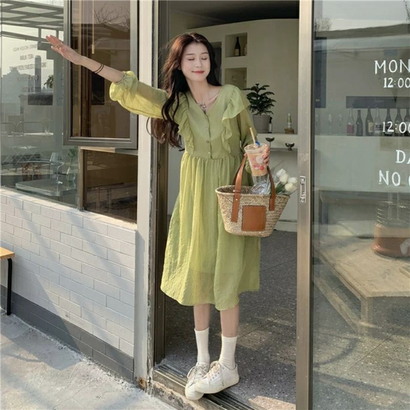 Váy babydoll dáng dài cổ V tiểu thư
