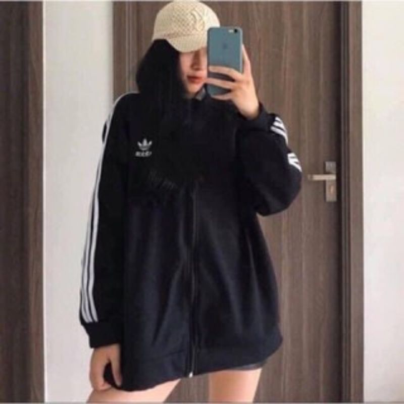 Áo Khoác Nỉ 3 Sọc Unisex Form Rộng, Áo Hoodie Nỉ Kéo Khóa Siêu Xinh