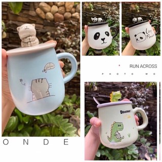 [KÈM NẮP + MUỖNG] Ly gốm sứ cao cấp hình con mèo, gấu panda, khủng long,.... dung tích 400ml dễ thương đáng yêu