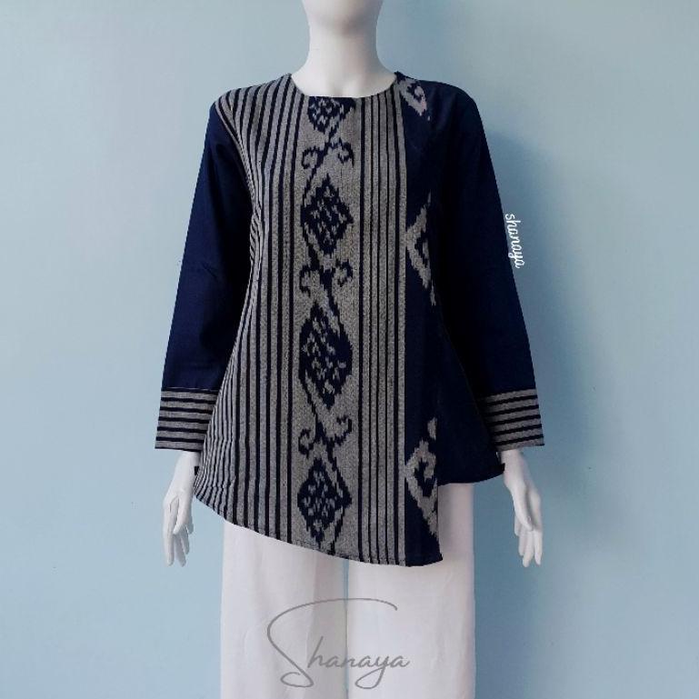 Gửi Hôm Nanaya Batik Blouse Dệt Troso Ori Combi Toyobo Áo Blouse Màu Xanh Nước Biển Batik Đẹp (ART. D7855)