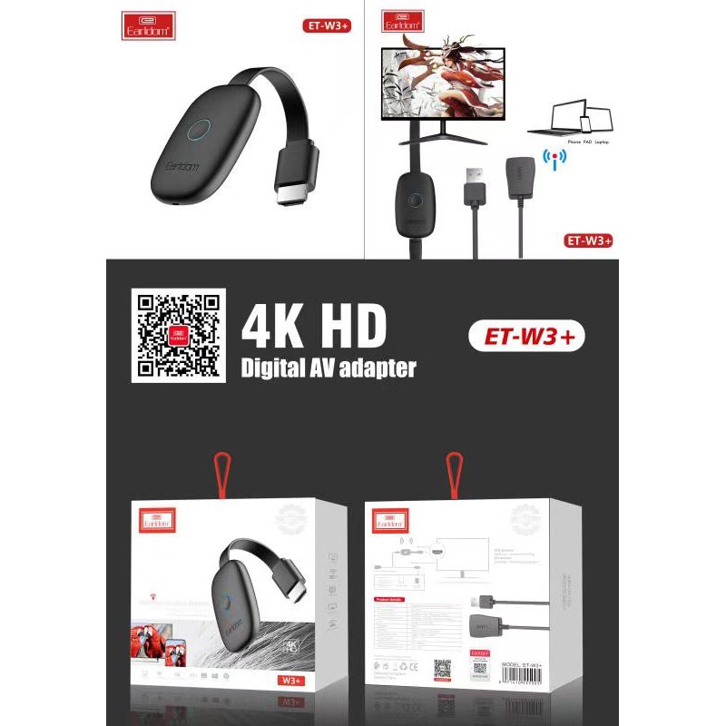 Bộ HDMI Không Dây Earldom W3+ Hỗ Trợ Kết Nối Điện Thoại Với TV, Máy Chiếu 4K- Hàng Chính Hãng