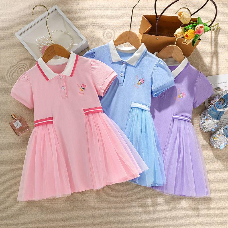 Áo đầm cổ polo dài trung bình tay ngắn phong cách sinh viên phương Tây Hàn Quốc dành cho bé gái
