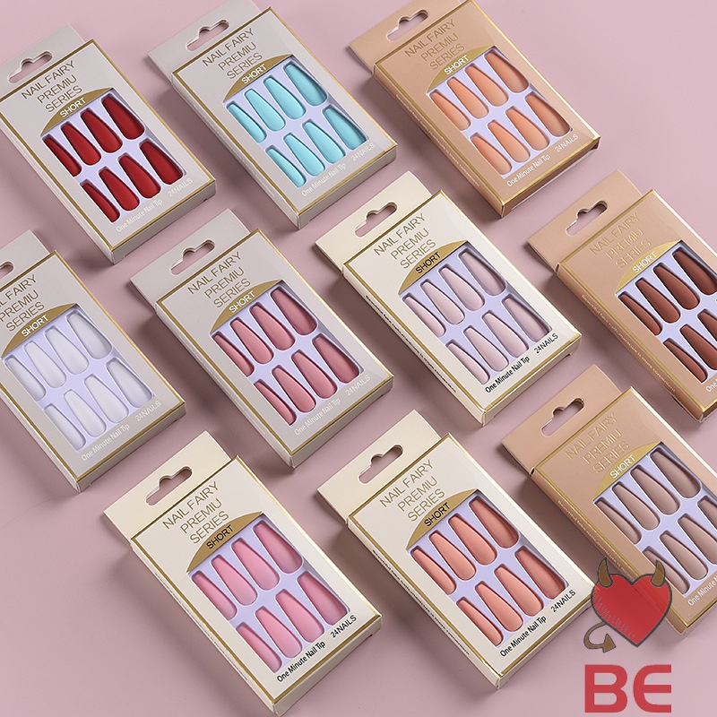 Set 24 móng tay giả màu trơn bằng nhựa resin siêu dài kèm gel phủ