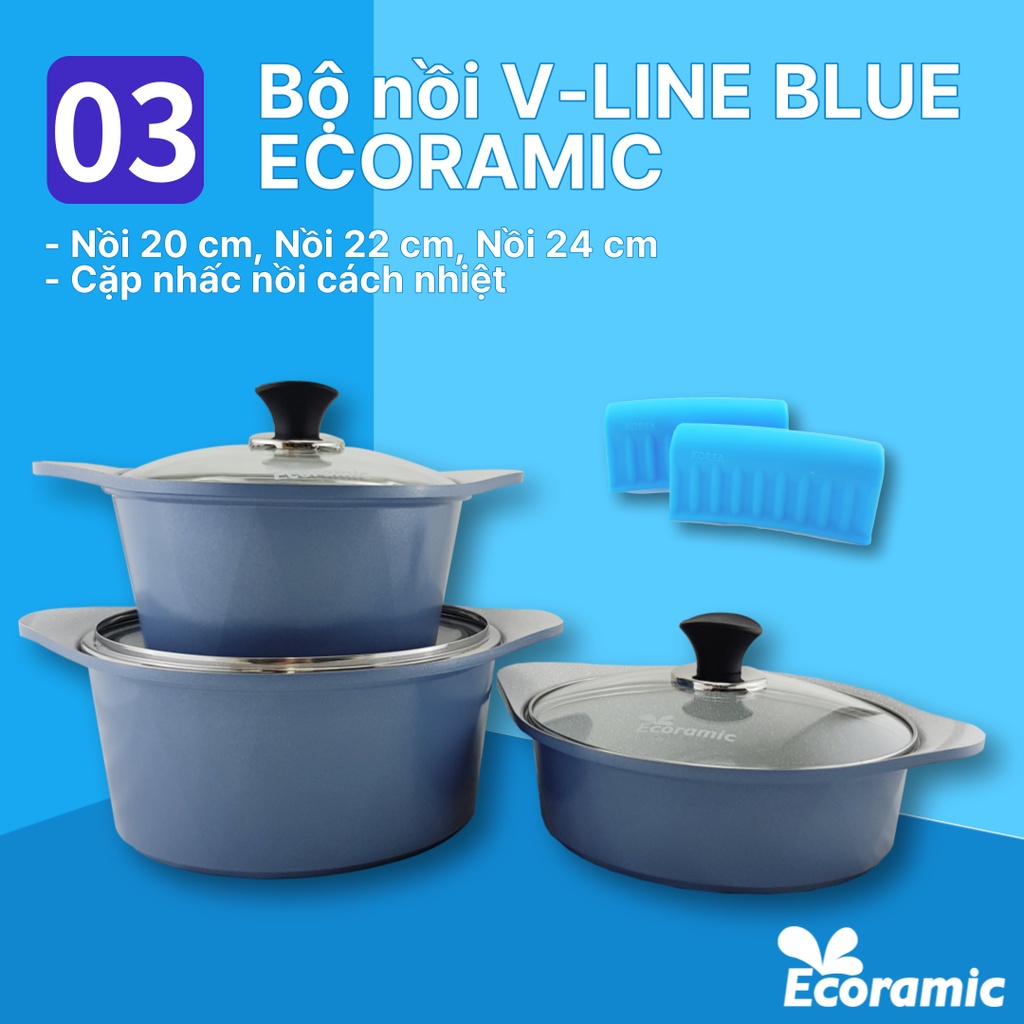 Bộ nồi vân đá chống dính bếp từ V-LINE ECORAMIC HÀN QUỐC-Tặng nhấc nồi cách nhiệt, hộp cơm lúa mạch