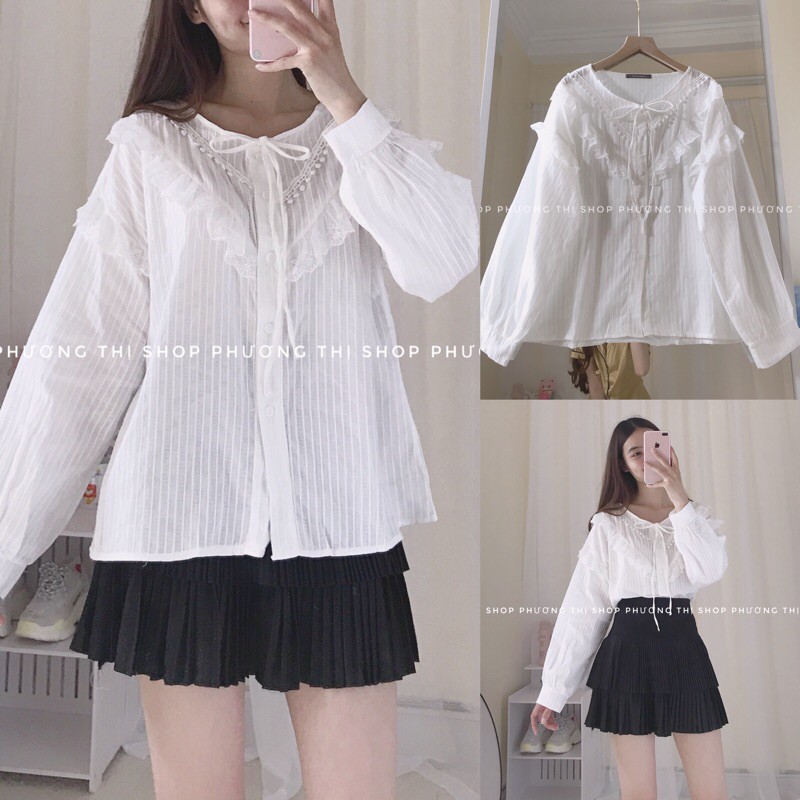Áo sơmi trắng vạt bèo cổ nơ chất thô mềm ( hình thật/sẵn) | BigBuy360 - bigbuy360.vn