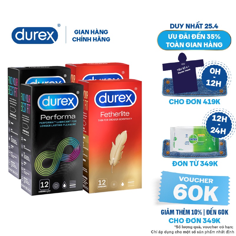 Bộ 4 hộp bao cao su Durex Performa và Durex Fetherlite (12 bao/hộp)