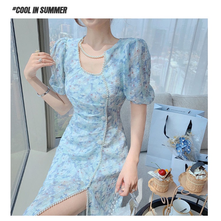 Đầm Tay Ngắn Màu Xanh Dương In Hoa Thời Trang Mùa Hè Phong Cách Pháp Hiện Đại Mới Cho Nữ | BigBuy360 - bigbuy360.vn