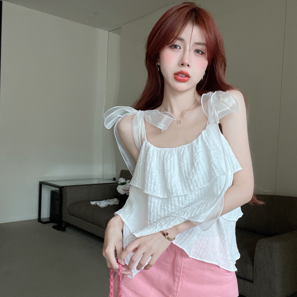 Áo Voan Hai Dây Phối Nơ Phong Cách Pháp Ngọt Ngào Thời Trang Mùa Hè Dành Cho Nữ