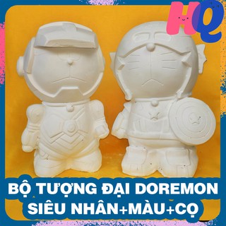 Bộ 2 tượng DORAEMON IRON MAN + CAPTAIN MỸ cỡ ĐẠI , tượng thạch cao tô màu cho bé kèm 6 màu nước và 2 cọ