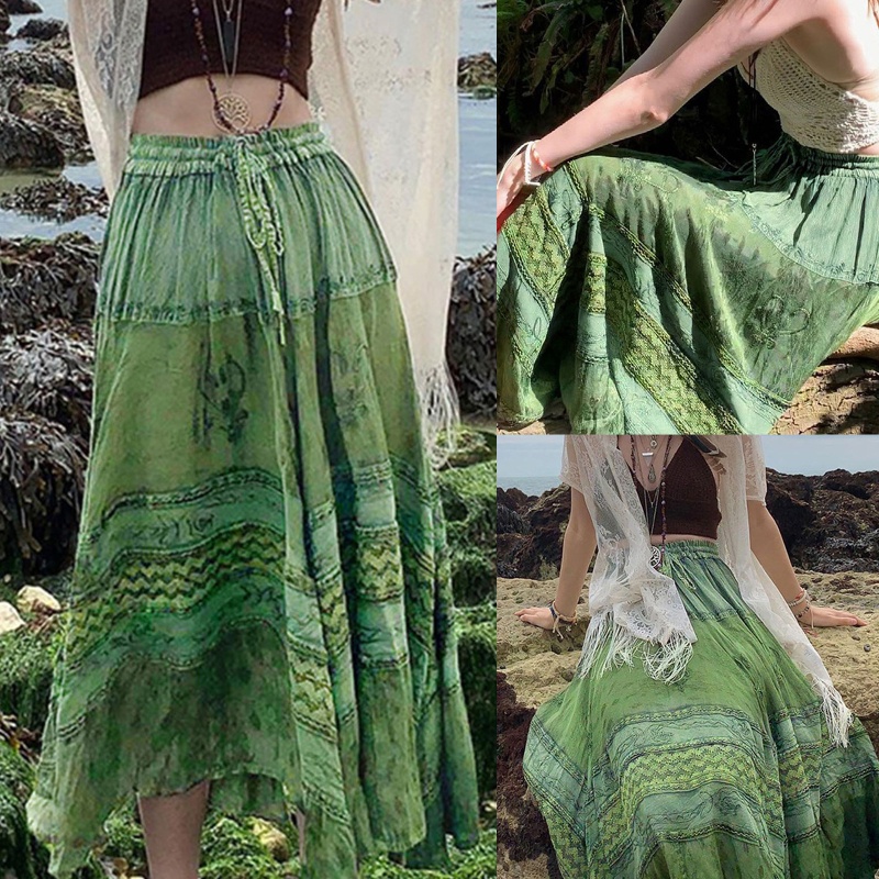 Chân Váy Midi Chữ A Eo Cao Co Giãn In Họa Tiết Hoa Lá Phối Dây Buộc Nơ Màu Xanh Lá Phong Cách Boho Cổ Điển Cho Nữ