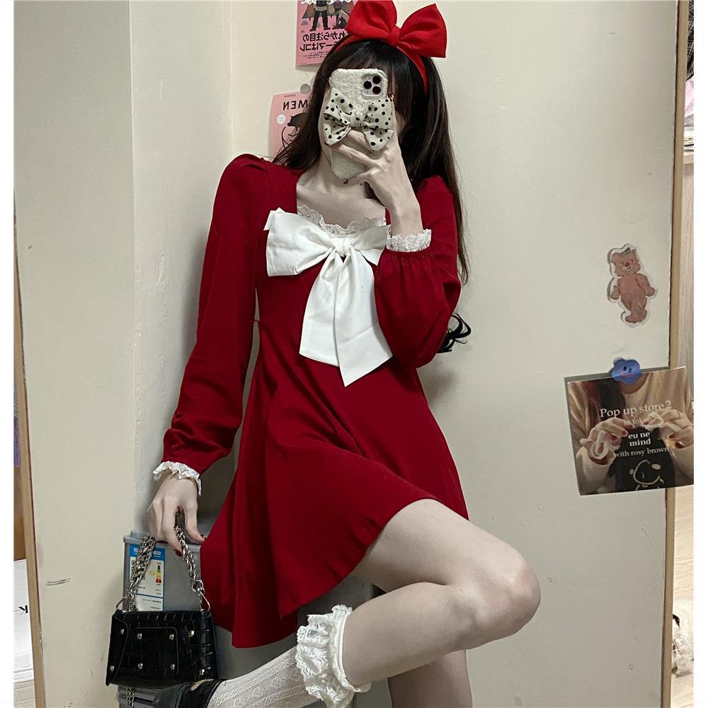 Đầm phối ren thắt nơ eo phong cách Retro Pháp thời trang mùa xuân cho nữ