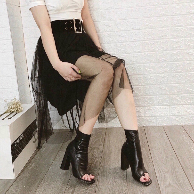 Bốt da xỏ ngón gót trụ 9cm hàng MIJILI Fullbox