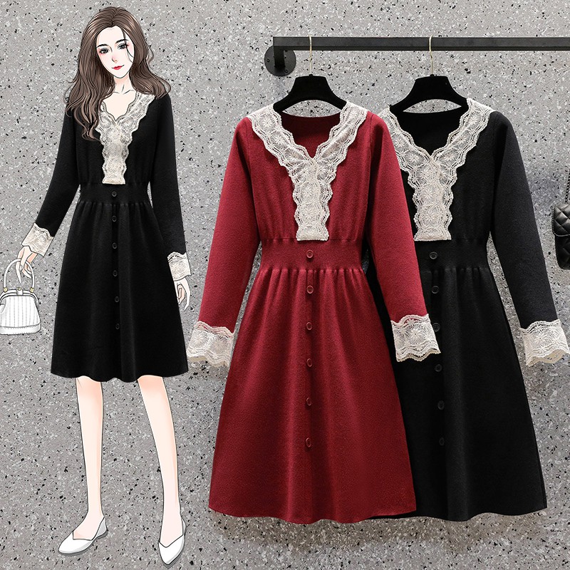 BIGSIZE nữ Đầm len dệt kim dáng xoè Dài Tay Ren Mùa Thu - Váy Phong cách Hàn Quốc Thời Trang Đẹp Cá Tính