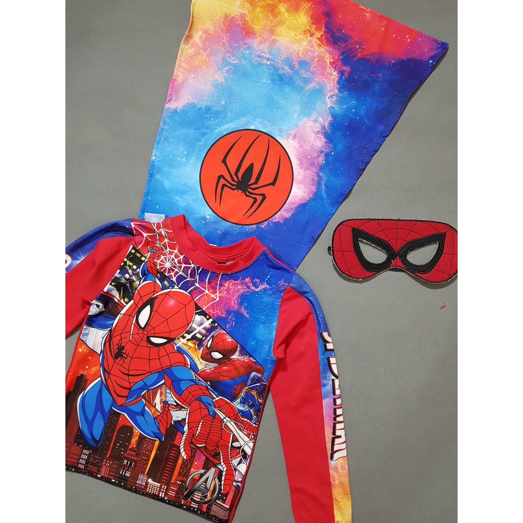 Bộ thun cotton lạnh tay dài kèm áo choàng và mặt nạ spiderman bé trai